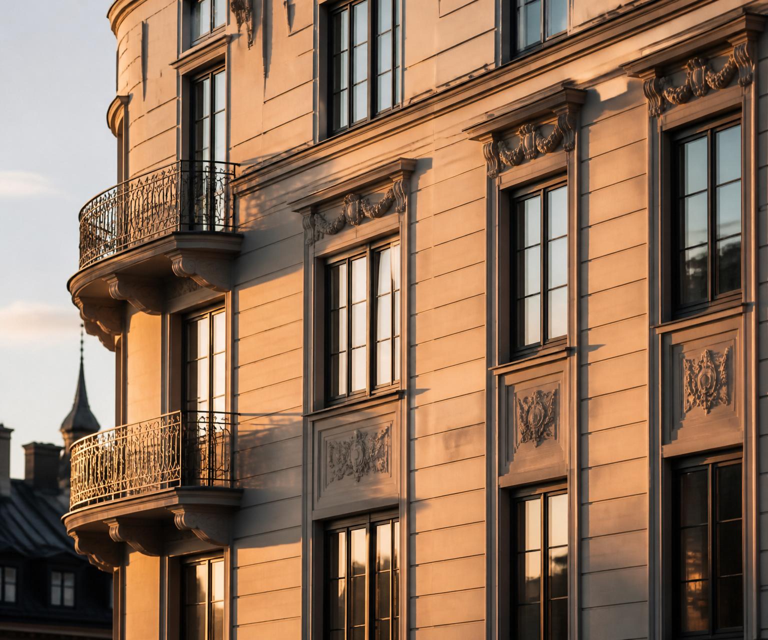 Klassisk Stockholmsfasad i kvällsljus